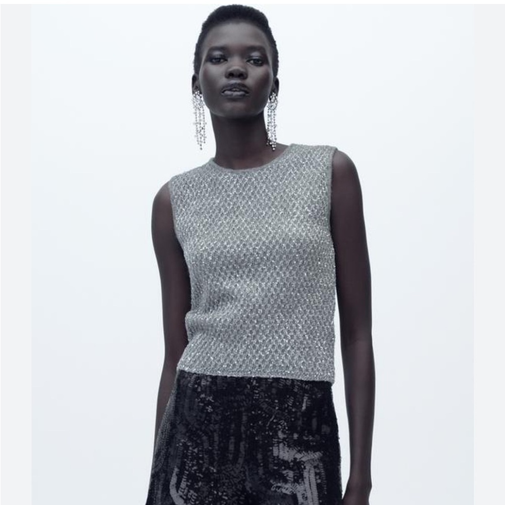 Zara NWT knit top with metallic threads and sequins silver 9598/209